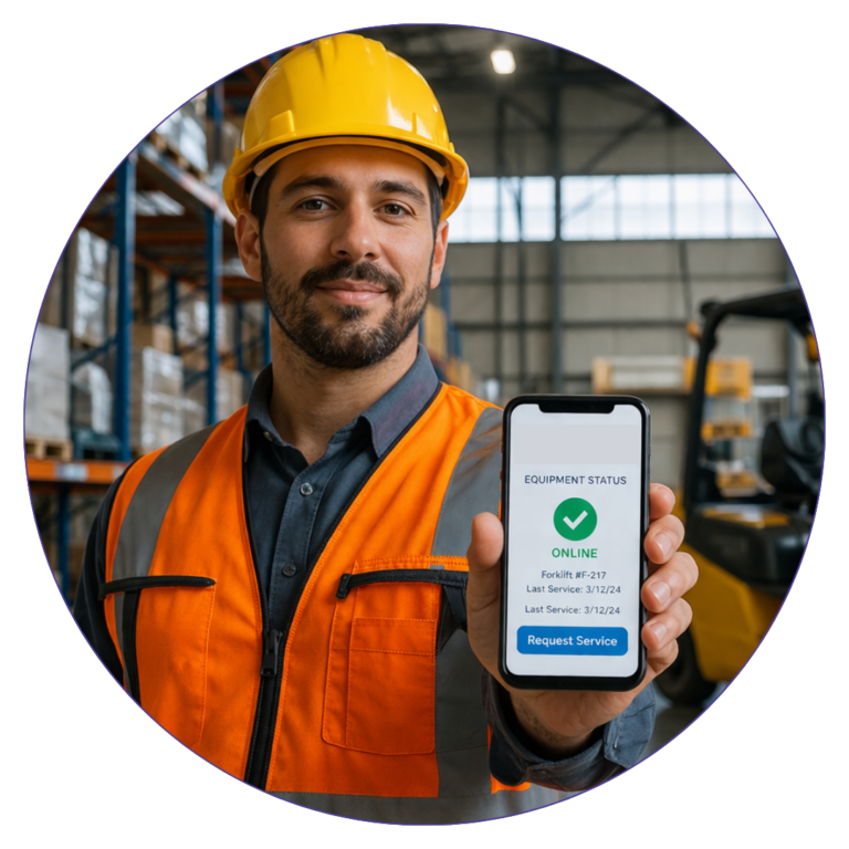 Equipment dealer customer visibility platform — worker accessing branded dealer app on smartphone in warehouse facility