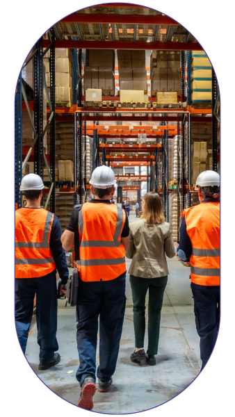 Equipment dealer customer visibility platform — showing operations walking through a warehouse